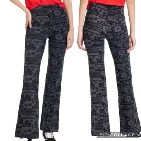 Zoe + Liv Positive Vibes Graphic Print Flare Leg Pants Black & Gray Size XS - Picture 1 of 10